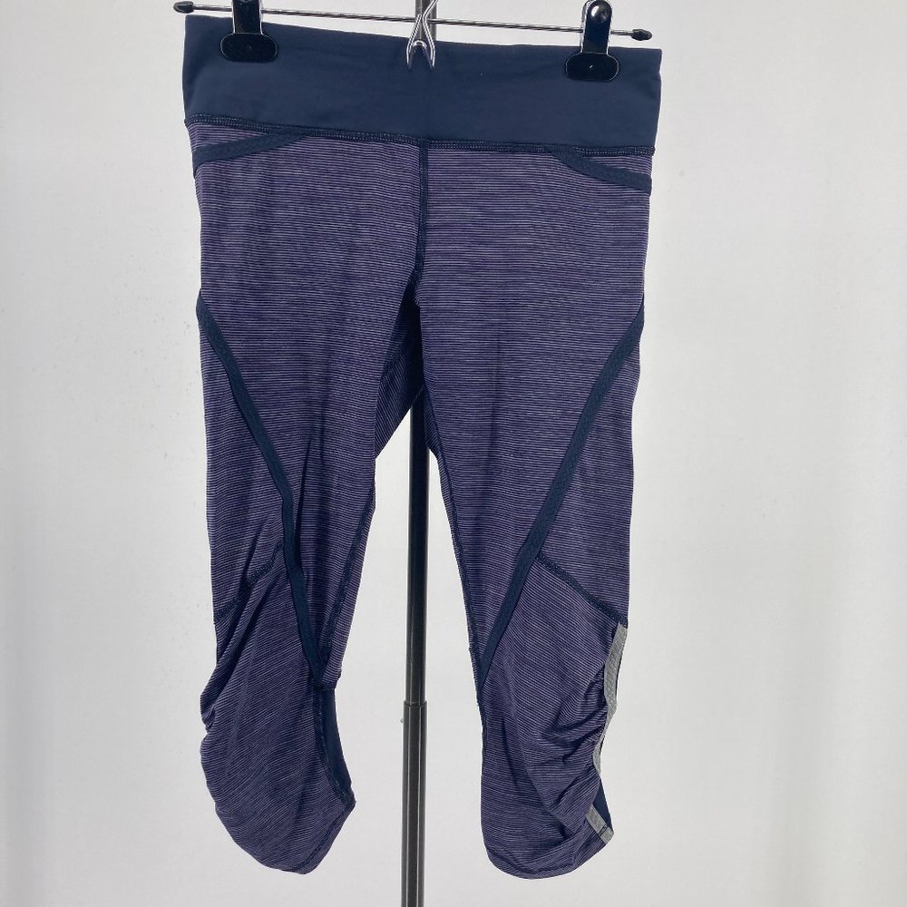 Lululemon Womens Pants Crop Running Leggings Blue Stripe Stretch Size 4